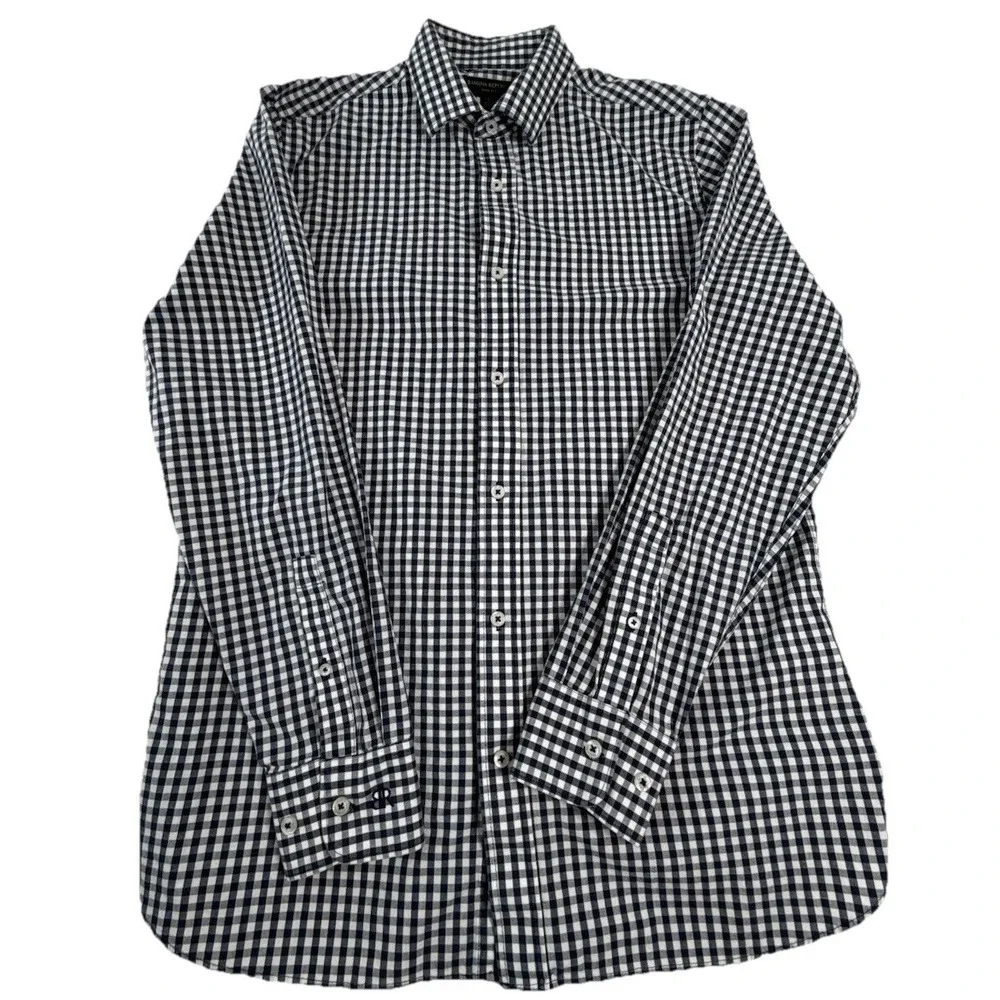 Banana‎ Republic Shirt Mens Large L Dark Blue White Plaid Slim Fit Button Up